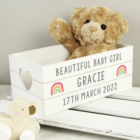 Personalised Rainbow White Wooden Crate - Storage at Gift Moments