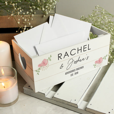 Personalised Abstract Rose White Wooden Crate - Storage at Gift Moments