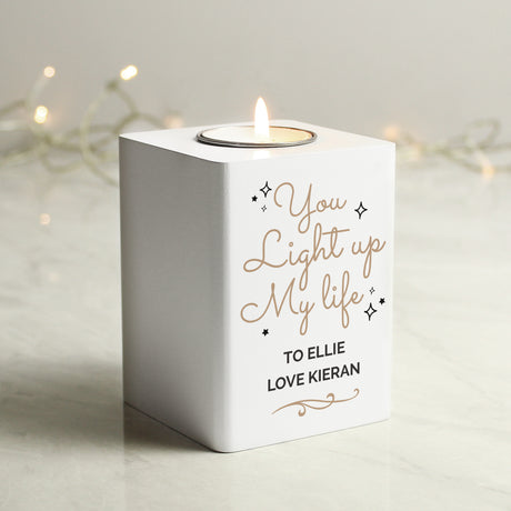 Personalised Light Up My Life White Wooden Tea Light Holder - Candle Holders at Gift Moments