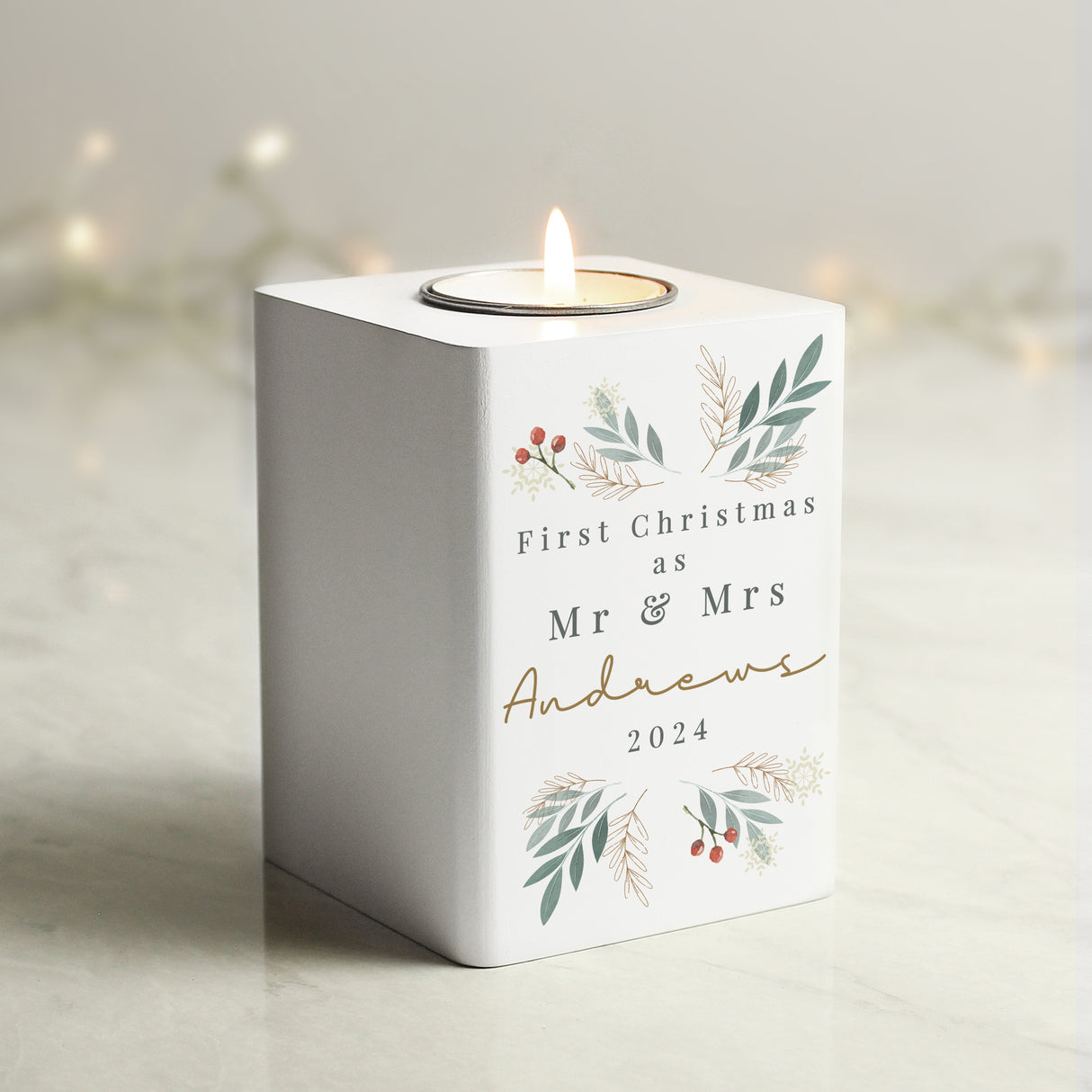 Personalised Christmas Foliage White Tealight Holder Default Title - Candle Holders at Gift Moments