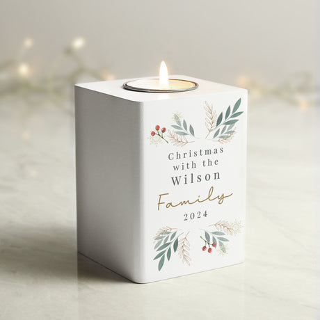 Personalised Christmas Foliage White Tealight Holder - Candle Holders at Gift Moments