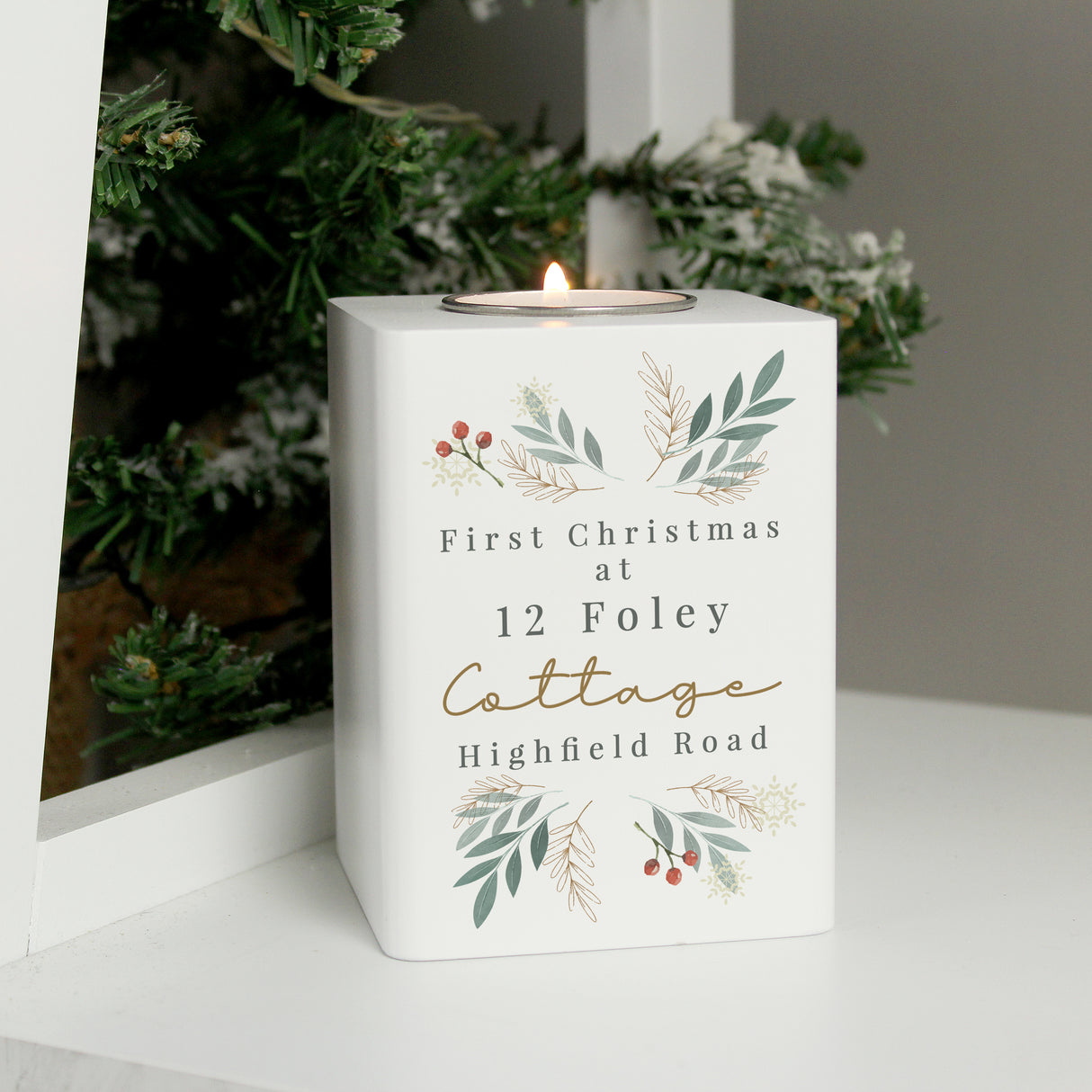 Personalised Christmas Foliage White Tealight Holder - Candle Holders at Gift Moments