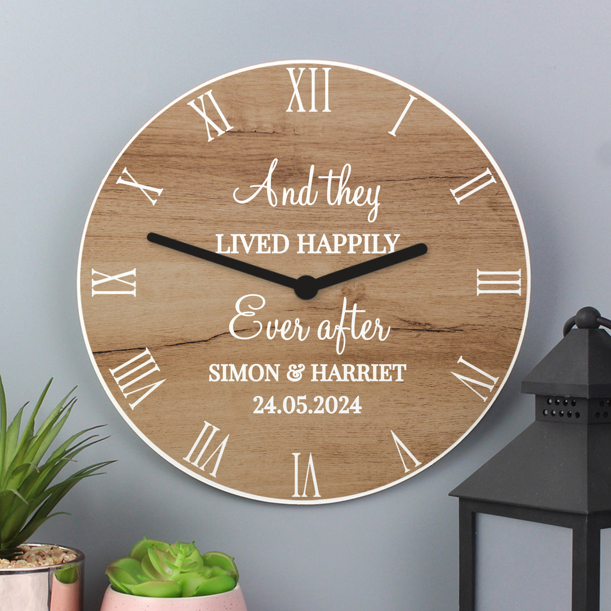 Personalised Free Text Wood Effect Clock - Clocks at Gift Moments