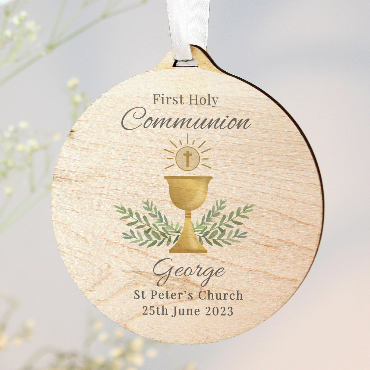 Personalised First Holy Communion Round Wooden Decoration - Decorations at Gift Moments