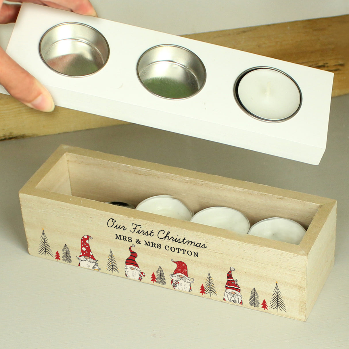 Personalised Gonk Christmas Triple Tea Light Box - Candle Holders at Gift Moments