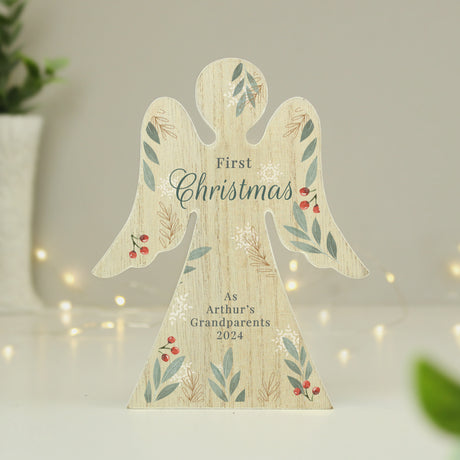 Personalised Christmas Foliage Wooden Angel Ornament - Ornaments at Gift Moments