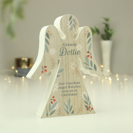 Personalised Christmas Foliage Wooden Angel Ornament - Ornaments at Gift Moments