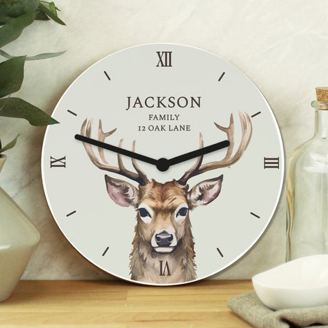 Personalised Watercolour Stag Wooden Clock - Clocks at Gift Moments