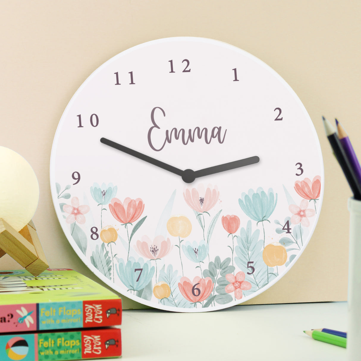 Personalised Floral Wooden Children's Clock - Clocks at Gift Moments