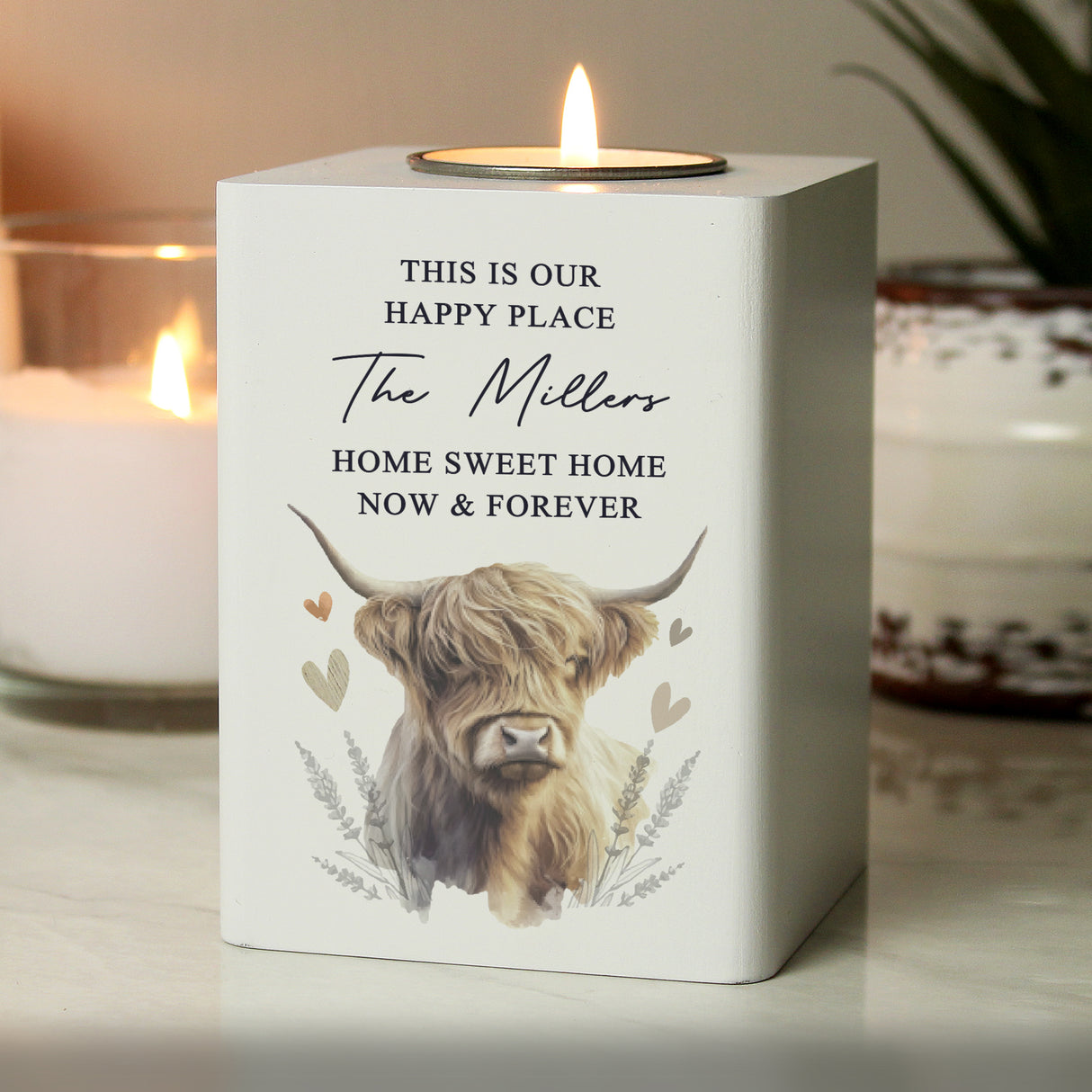 Personalised Highland Cow Wooden Tealight Holder - Candle Holders at Gift Moments