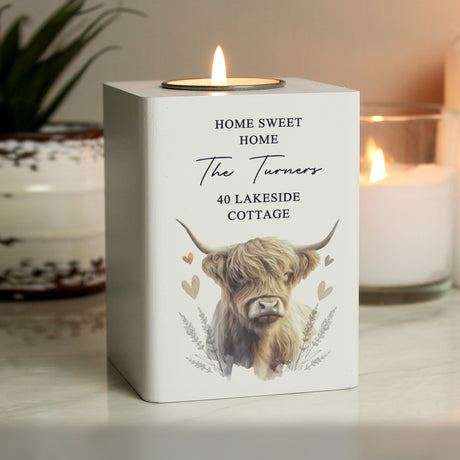 Personalised Highland Cow Wooden Tealight Holder - Candle Holders at Gift Moments