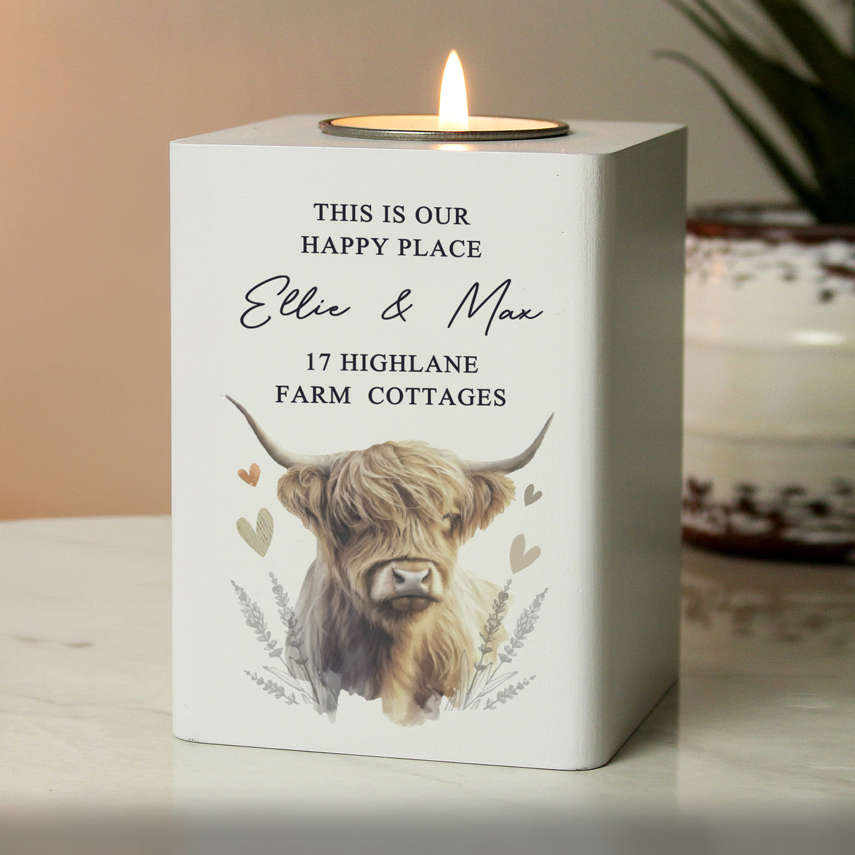 Personalised Highland Cow Wooden Tealight Holder - Candle Holders at Gift Moments