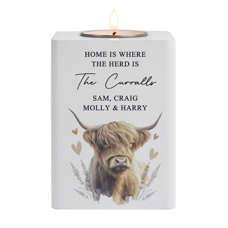 Personalised Highland Cow Wooden Tealight Holder - Candle Holders at Gift Moments