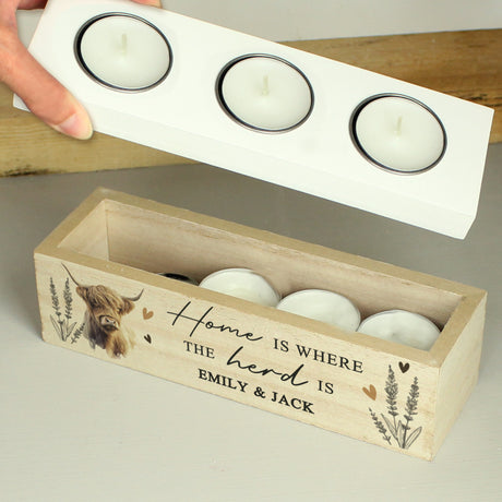 Personalised Highland Cow Triple Tea Light Box - Candle Holders at Gift Moments