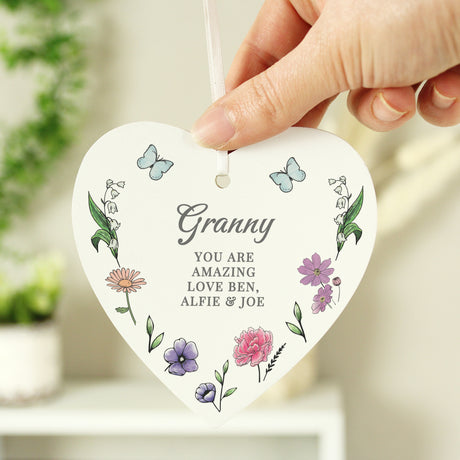 Personalised Wild Flowers Wooden Heart - Decorations at Gift Moments