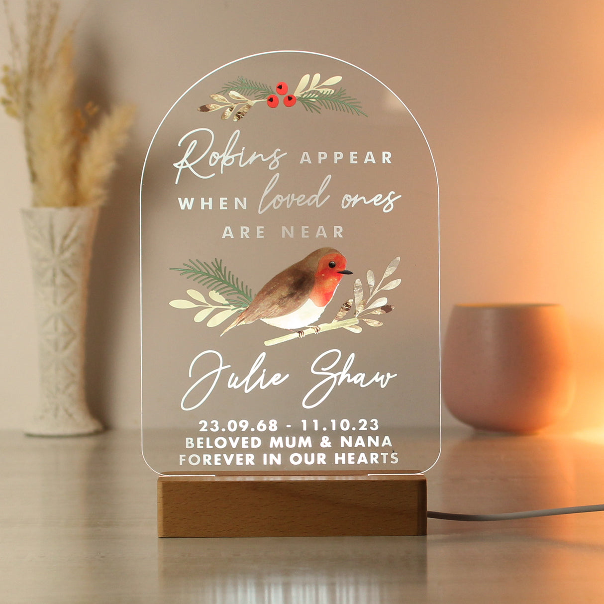 Personalised Robins Appear Wooden Based LED Light Default Title - LED Lighting at Gift Moments