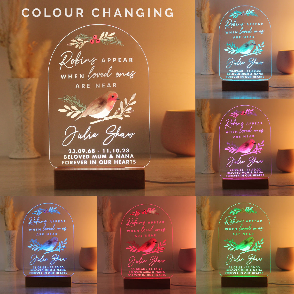 Personalised Robins Appear Wooden Based LED Light - LED Lighting at Gift Moments