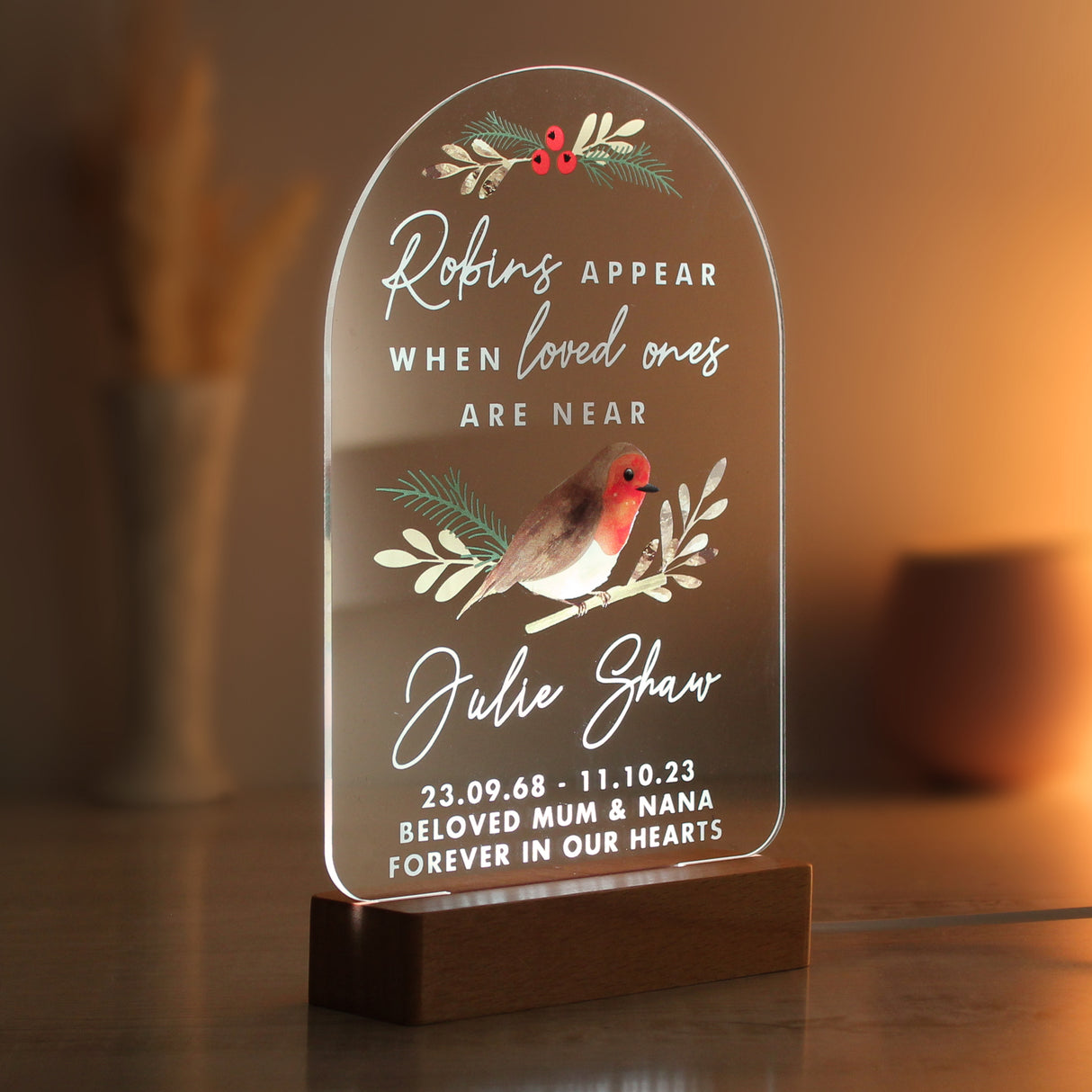 Personalised Robins Appear Wooden Based LED Light - LED Lighting at Gift Moments