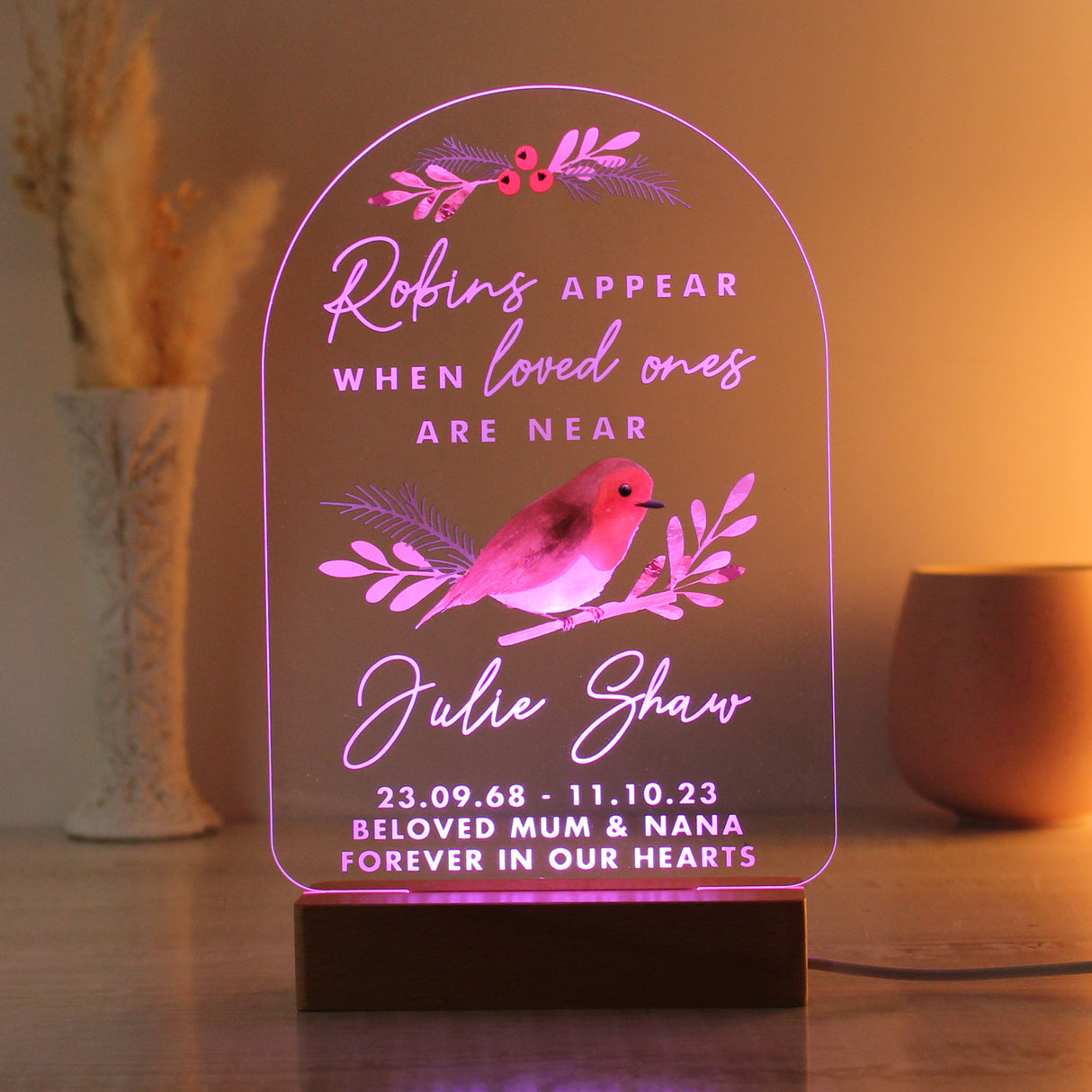 Personalised Robins Appear Wooden Based LED Light - LED Lighting at Gift Moments