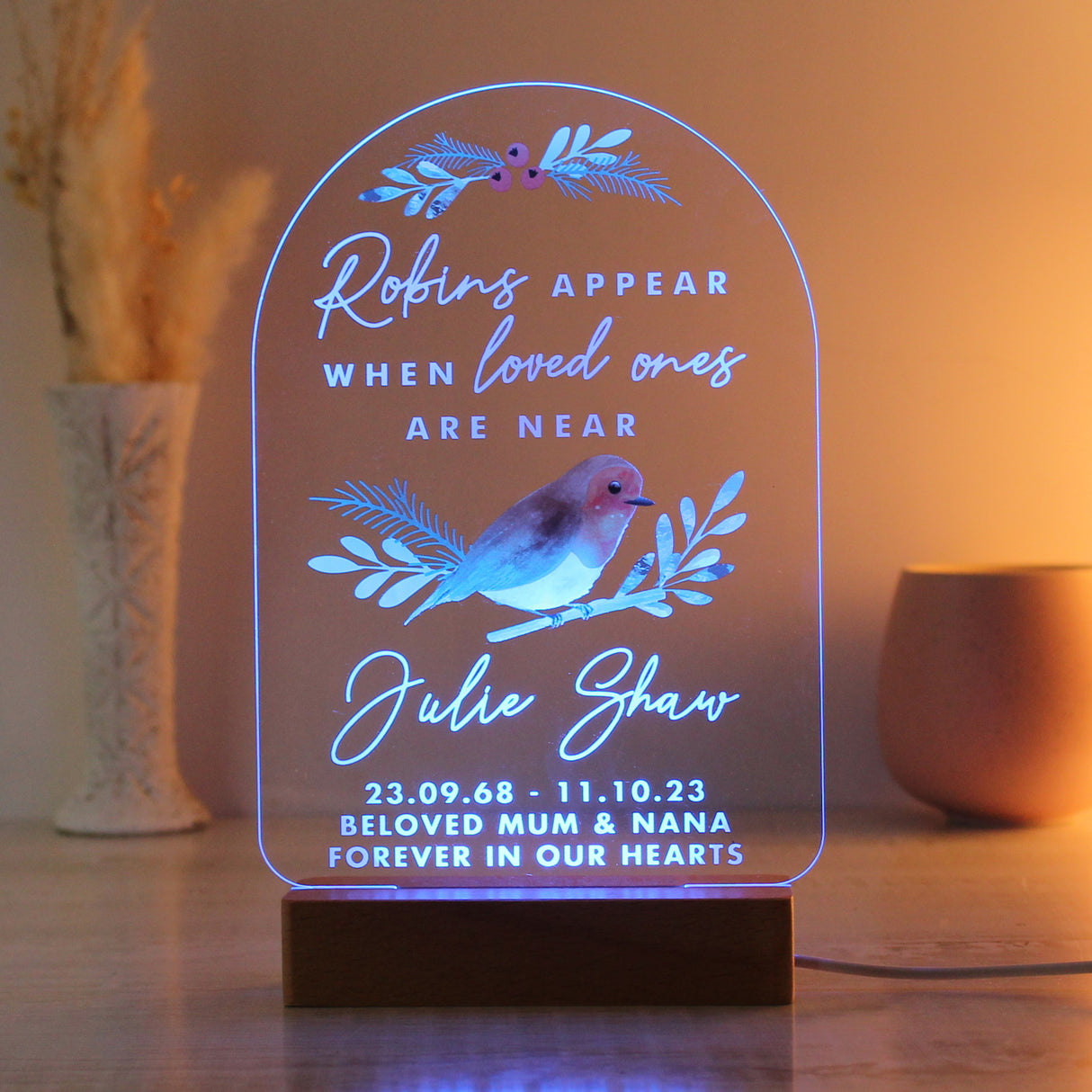 Personalised Robins Appear Wooden Based LED Light - LED Lighting at Gift Moments