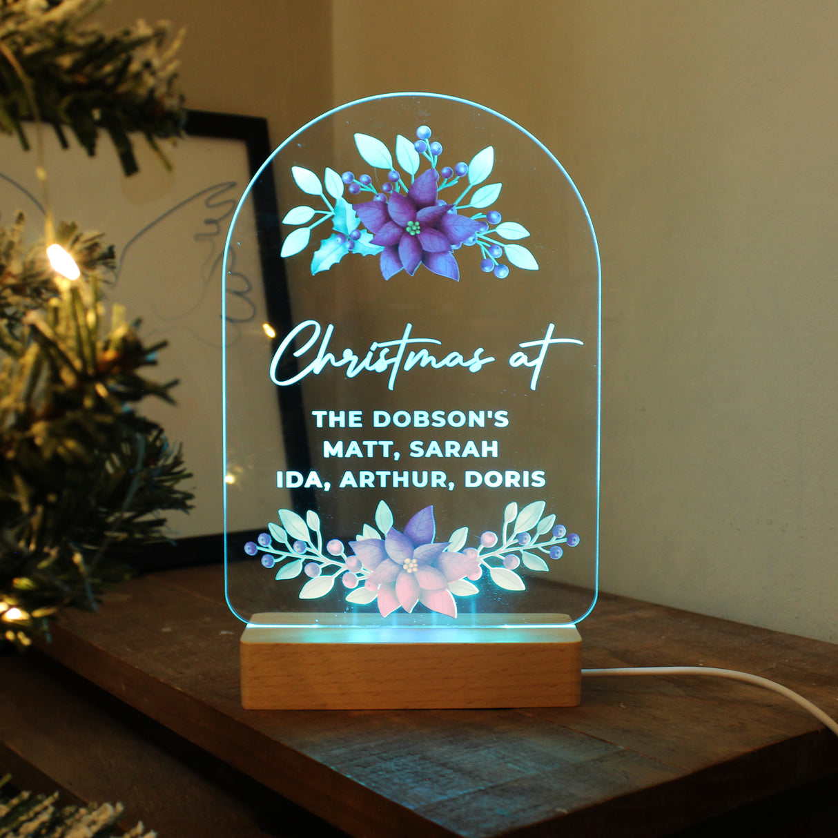 Personalised Christmas Poinsettia Wooden Based LED Light - LED Lighting at Gift Moments