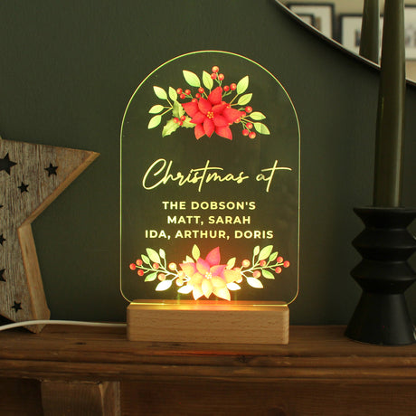 Personalised Christmas Poinsettia Wooden Based LED Light - LED Lighting at Gift Moments