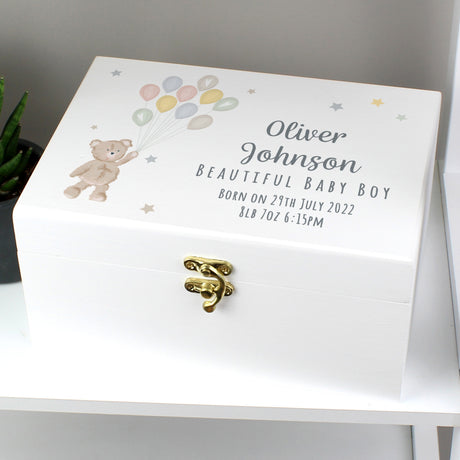 Personalised Teddy & Balloons White Wooden Keepsake Box - Keepsake Boxes at Gift Moments