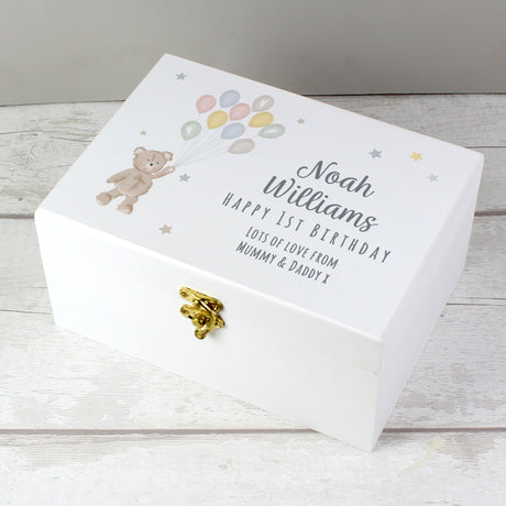 Personalised Teddy & Balloons White Wooden Keepsake Box - Keepsake Boxes at Gift Moments