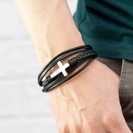 Personalised Men's Black Leather Cross Stacked Bracelet - Bracelets at Gift Moments