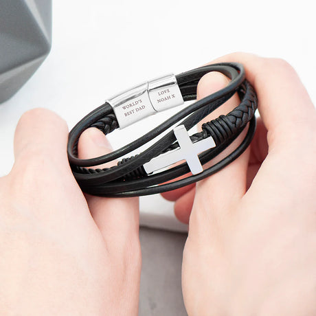 Personalised Men's Black Leather Cross Stacked Bracelet - Bracelets at Gift Moments