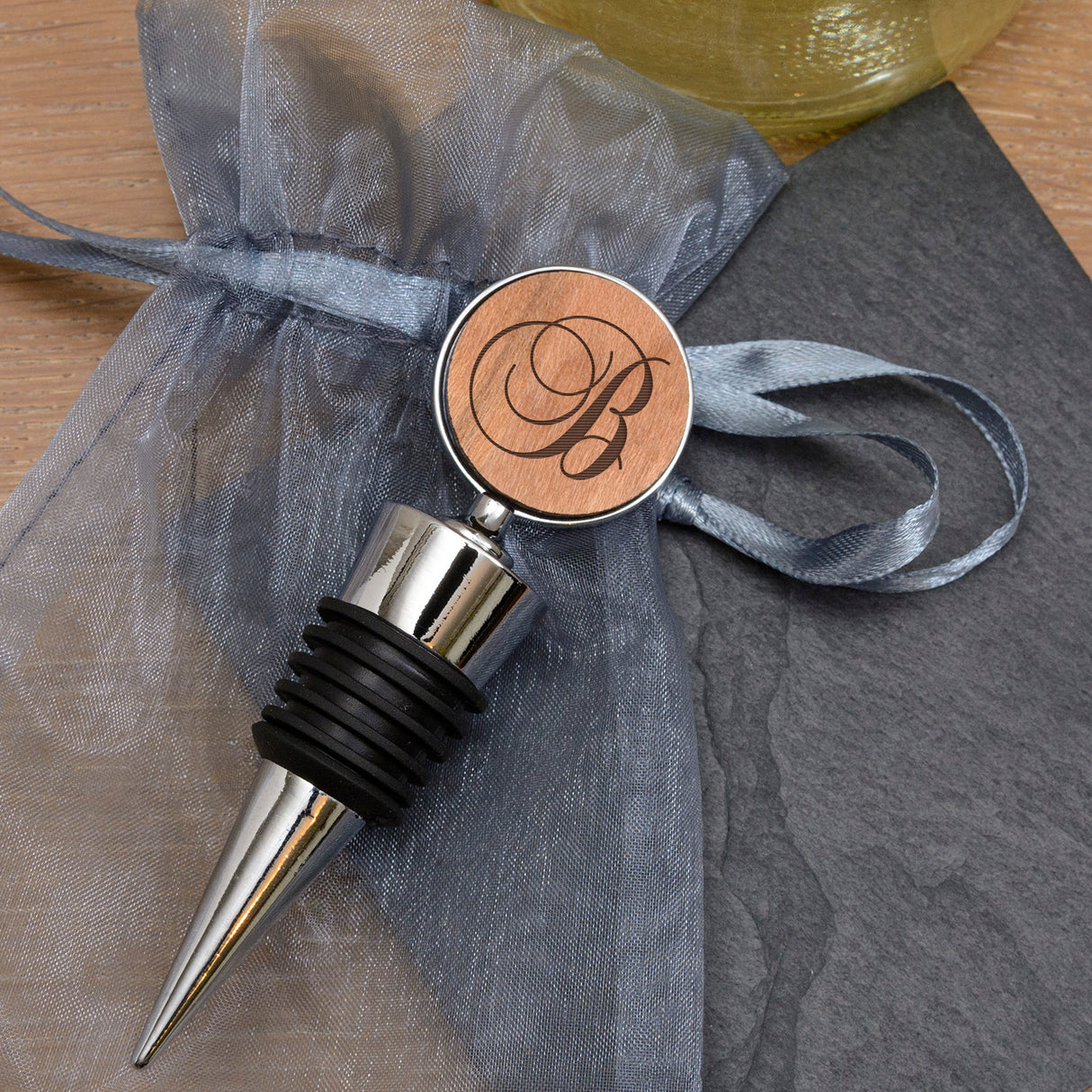 Personalised Cherrywood Script Initial Bottle Stopper: 1 - Barware By Gift Moments