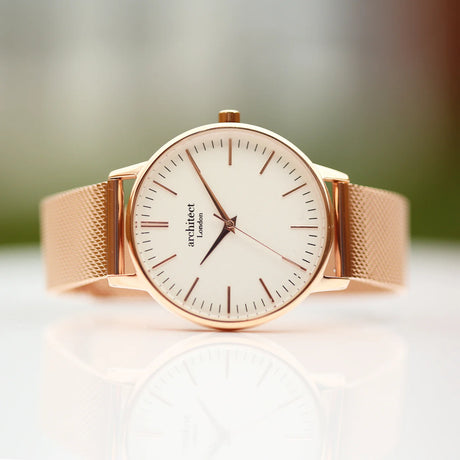 Bespoke Ladies Architēct Blanc Watch in Rose Gold Mesh - Watches at Gift Moments