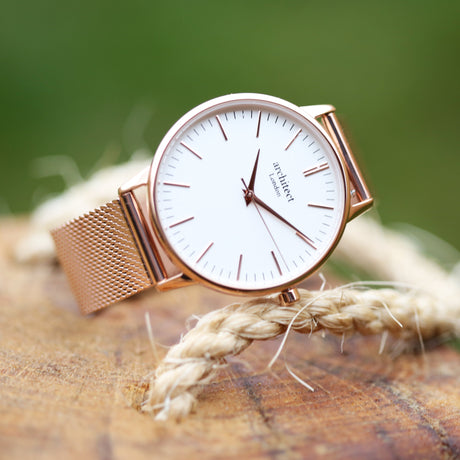 Bespoke Ladies Architēct Blanc Watch in Rose Gold Mesh - Watches at Gift Moments