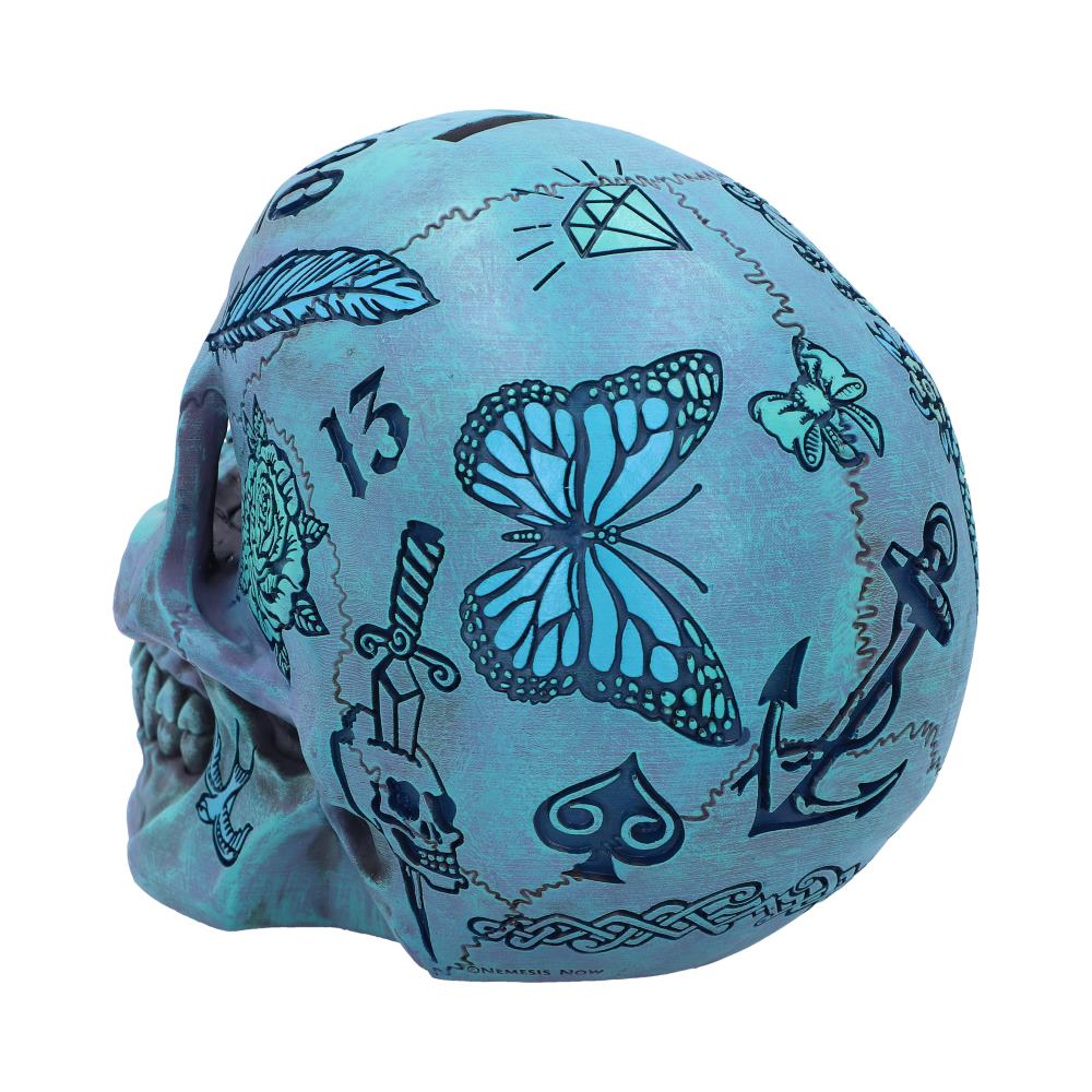 Aqua Blue Traditional, Tribal Tattoo Fund Skull - Money Boxes at Gift Moments