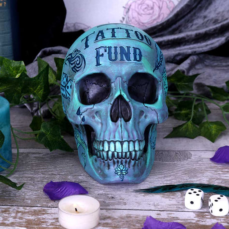 Aqua Blue Traditional, Tribal Tattoo Fund Skull - Money Boxes at Gift Moments