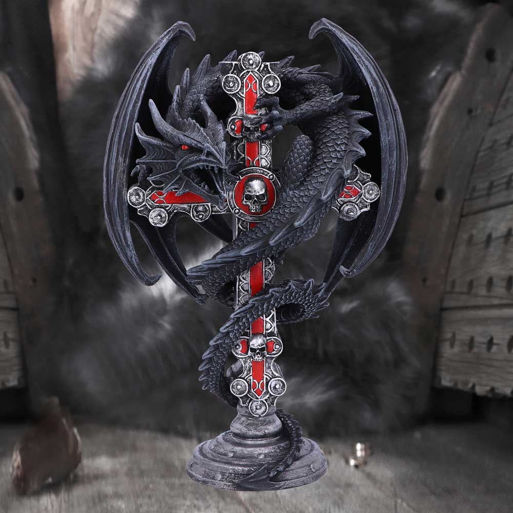 Anne Stokes Gothic Guardian Dragon Cross Candle Holder 26.5cm, Black - Candles & Holders at Gift Moments