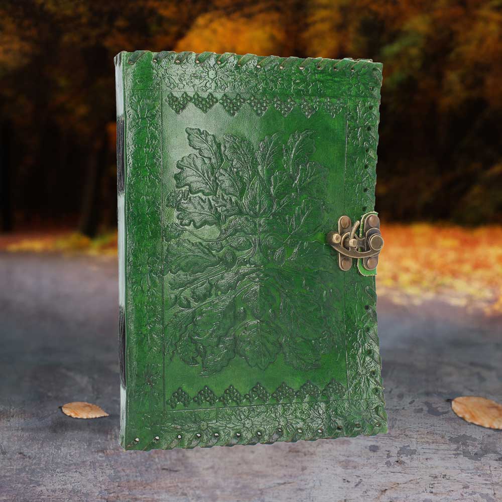 Real Leather Greenman Green Embossed Journal with Lock - Leather Journals at Gift Moments