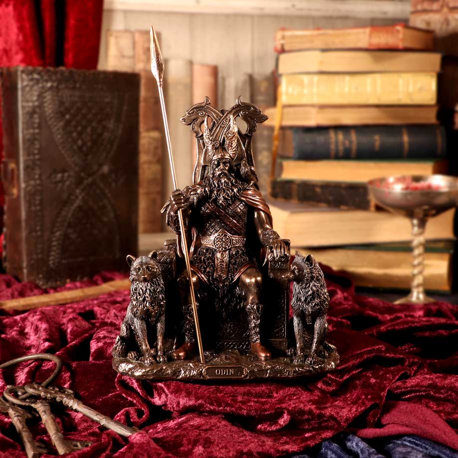 Bronze Odin All Father Wolves and Throne Figurine - Figures & Collectables at Gift Moments