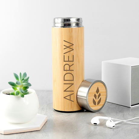 Personalised Bamboo Thermos Flask with Tea Strainer 360ml - Travel Mugs at Gift Moments