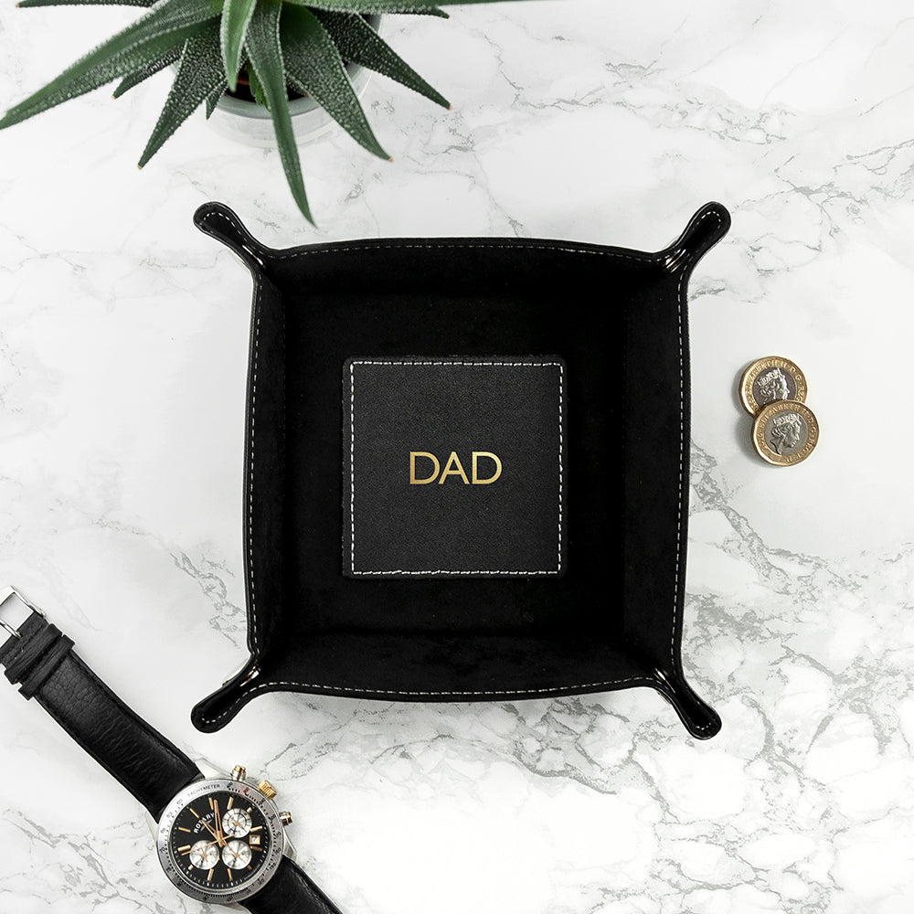 Personalised Embossed Luxury Leather Valet Tray Gold Foil Debossed Black - Storage at Gift Moments