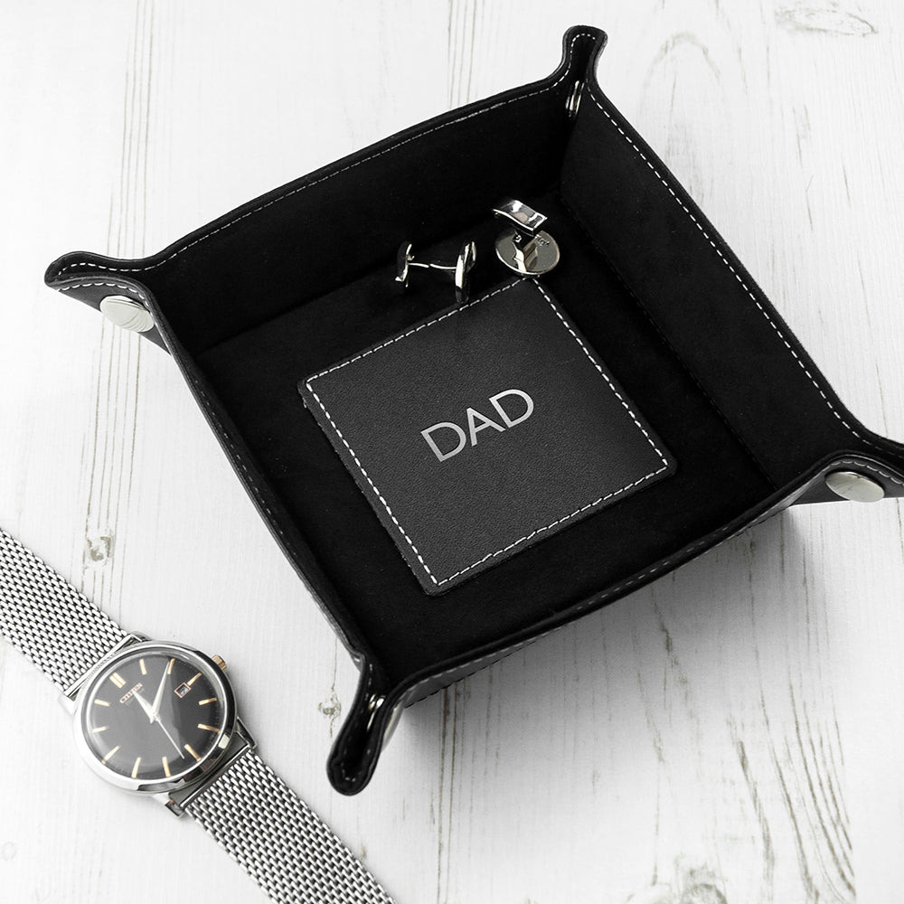 Personalised Embossed Luxury Leather Valet Tray Silver Foil Debossed Black - Storage at Gift Moments