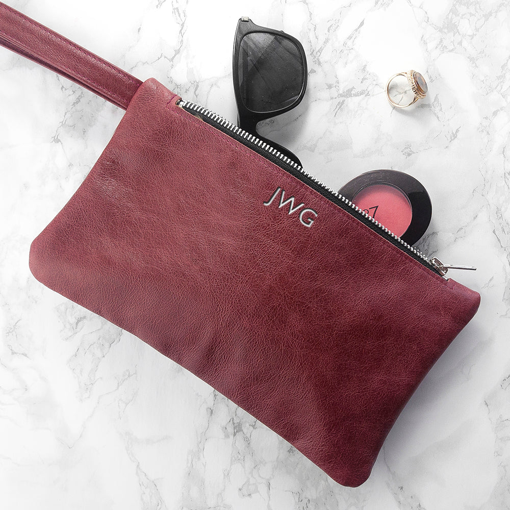 Personalised Monogram Burgundy Leather Clutch Bag Silver - Bags & Purses at Gift Moments