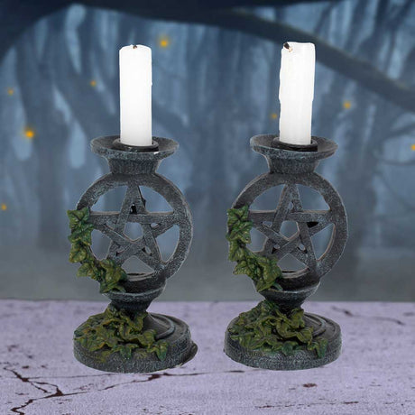 Pair of Aged Ivy Pentagram Candlesticks Gothic Candle Holders - Candles & Holders at Gift Moments