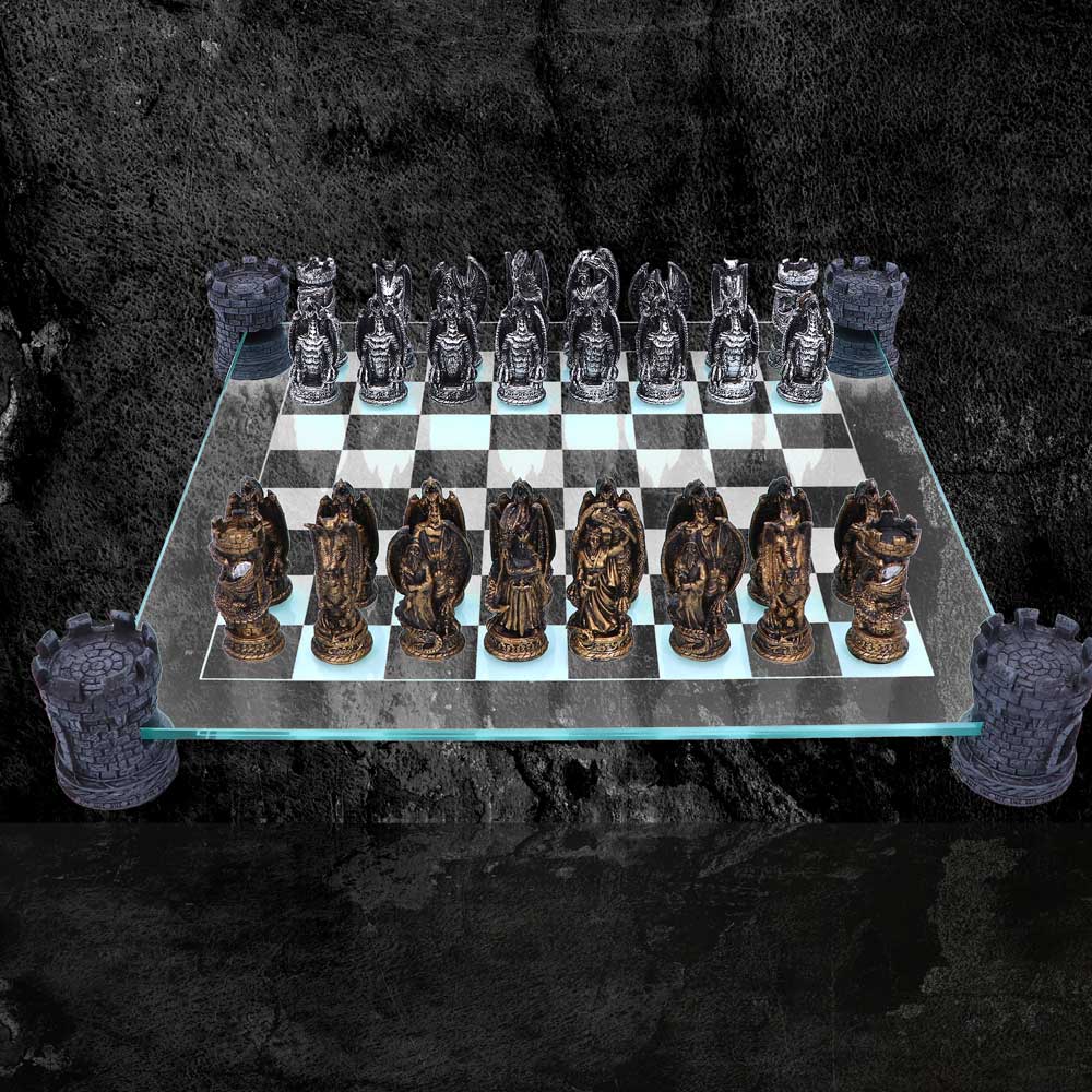 Raised Fantasy Kingdom Of The Dragon Chess Set With Corner Towers 43cm - Chess Sets at Gift Moments