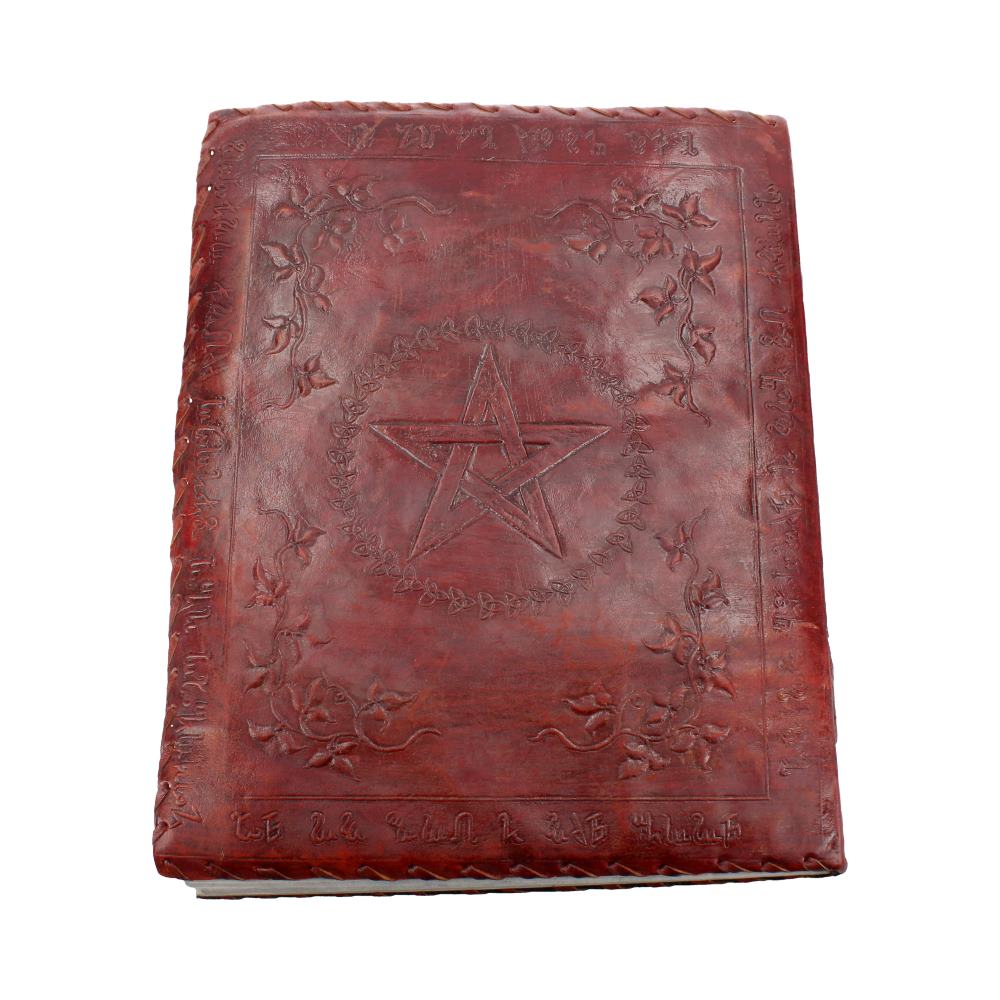 Large Lockable Red Leather Book of Shadow With Embossed Floral Pentagram. 35cm - Leather Journals at Gift Moments