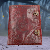 Large Lockable Red Leather Book of Shadow With Embossed Floral Pentagram. 35cm - Leather Journals at Gift Moments