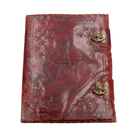 Large Lockable Red Leather Book of Shadow With Embossed Floral Pentagram. 35cm Default Title - Leather Journals at Gift Moments