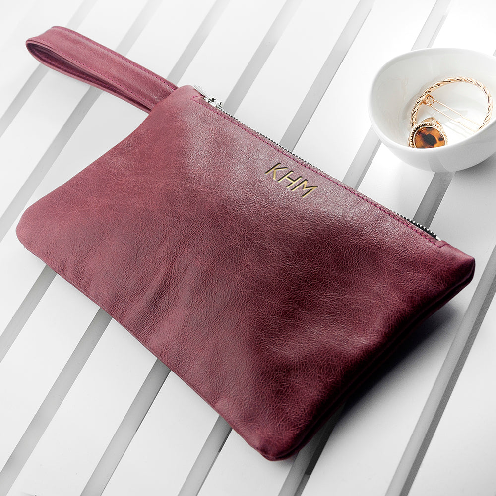 Personalised Monogram Burgundy Leather Clutch Bag - Bags & Purses at Gift Moments