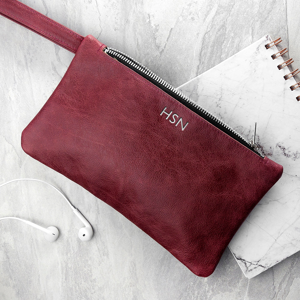 Personalised Monogram Burgundy Leather Clutch Bag - Bags & Purses at Gift Moments