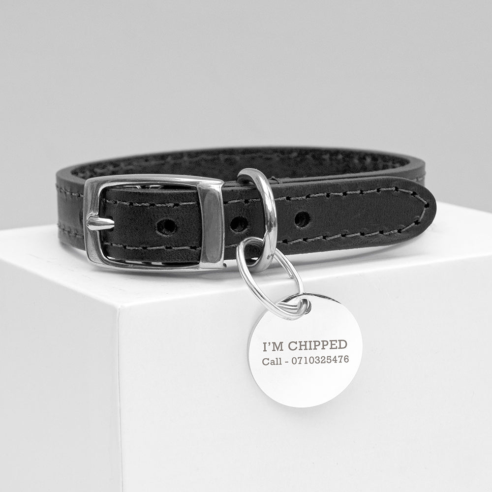 Personalised Classic Black Leather Dog Collar with Tag - Pet Products at Gift Moments